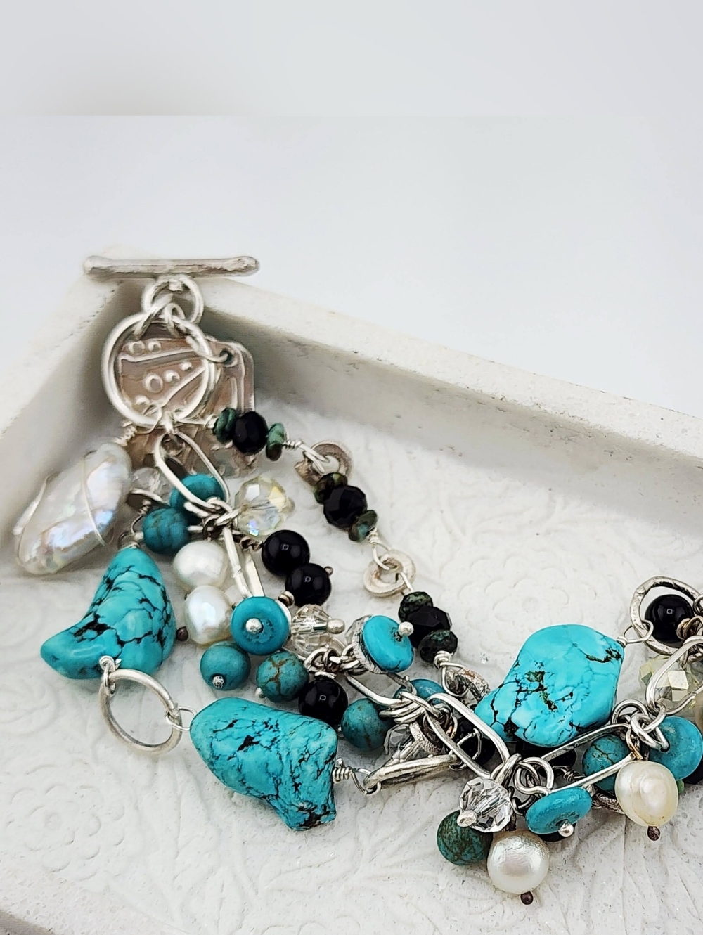 BANGLE HANDMADE BRACELET TURQUOISE, ONYX & PEARLS HANDMADE IN STERLING SILVER